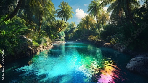 A serene tropical landscape featuring a sparkling blue river surrounded by lush greenery and palm trees under a clear sky.