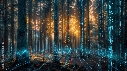a serene forest at dawn with a twist: thin, holographic data lines and digital symbols weave through the trees, blending AI elements into the natural landscape