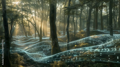 a serene forest at dawn with a twist: thin, holographic data lines and digital symbols weave through the trees, blending AI elements into the natural landscape