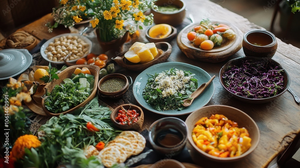 Abundant Variety of Colorful and Healthy Vegetarian Dishes on a Rustic Wooden Table Abundant Variety of Colorful and Healthy Vegetarian Dishes on a Rustic Wooden Table