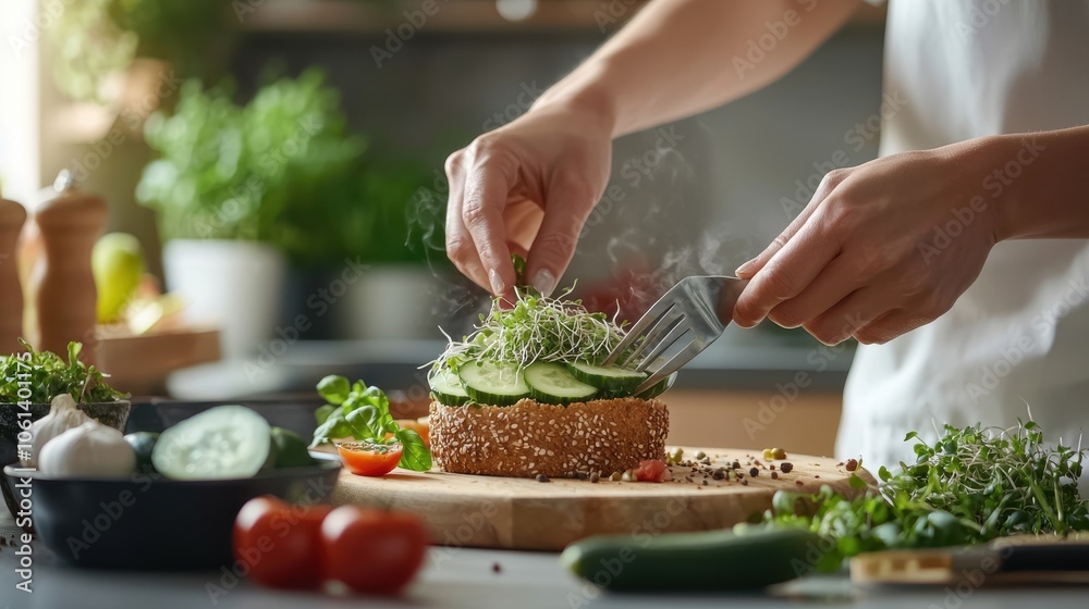 Hands preparing a plant-based sandwich with avocado, sprouts, cucumber, and tomatoes on whole-grain bread, emphasizing fresh, vegan ingredients in a cozy kitchen. Hands preparing a plant-based sandwich with avocado, sprouts, cucumber, and tomatoes on whole-grain bread, emphasizing fresh, vegan ingredients in a cozy kitchen.