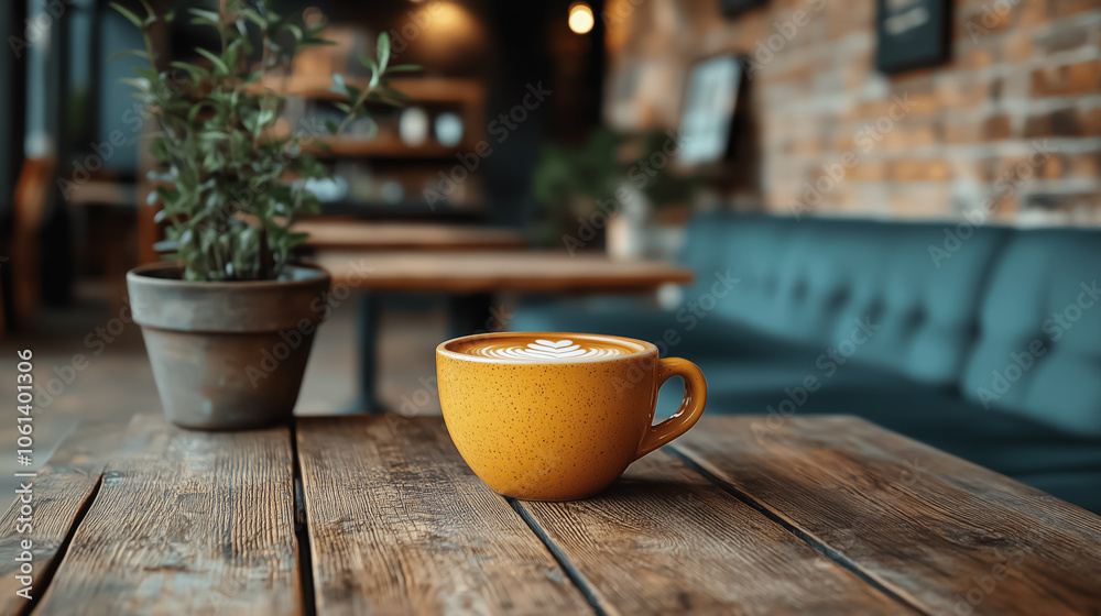 A cozy cafe with warm decoration and a beautifully brewed cup of coffee.