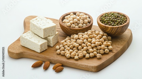 Selection of plant-based protein sources, including chickpeas, lentils, tofu, and various nuts, displayed on a Selection of plant-based protein sources, including chickpeas, lentils, tofu, and various