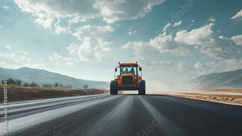 A yellow tractor is driving on a freshly paved road, set against a backdrop of mountains and a blue sky with fluffy clouds.