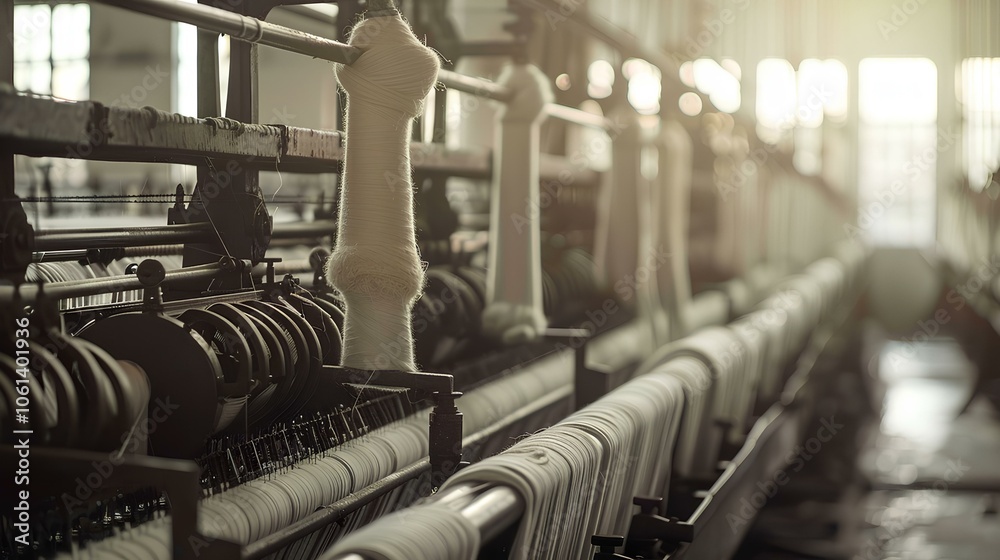 A textile factory scene showing machinery and yarn, illuminated by warm light, emphasizing the textile manufacturing process. A textile factory scene showing machinery and yarn, illuminated by warm light, emphasizing the textile manufacturing process.