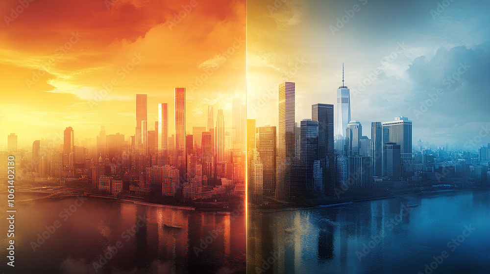 A vibrant cityscape split between warm orange and cool blue tones, depicting contrasting atmospheres and moods. A vibrant cityscape split between warm orange and cool blue tones, depicting contrasting atmospheres and moods.