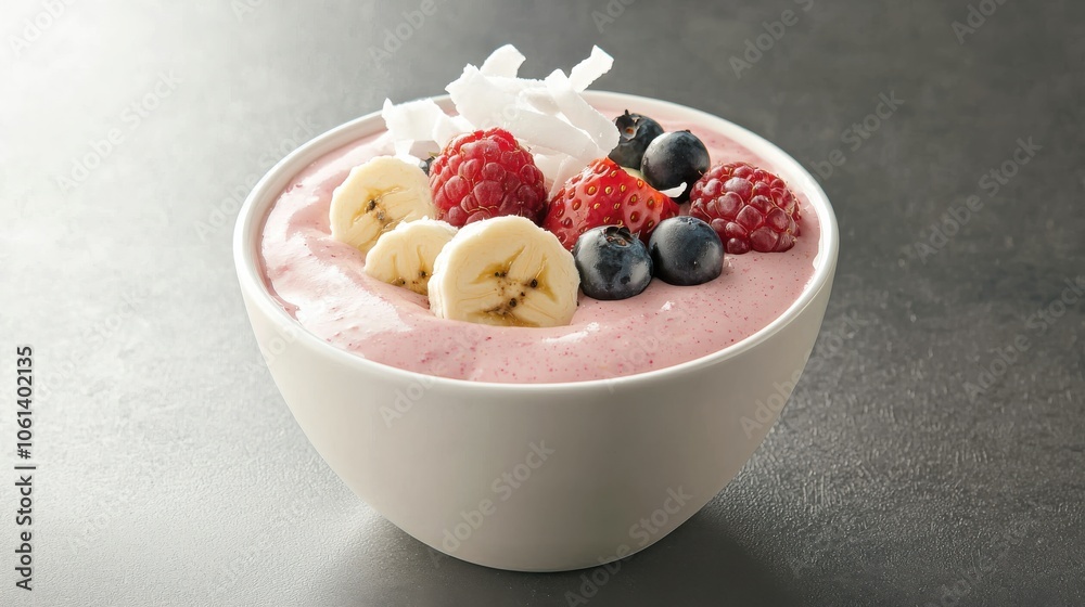 Vibrant smoothie bowl topped with berries, bananas, and coconut flakes, arranged to show a nutritious plant-based breakfast in natural light. Vibrant smoothie bowl topped with berries, bananas, and coconut flakes, arranged to show a nutritious plant-based breakfast in natural light.