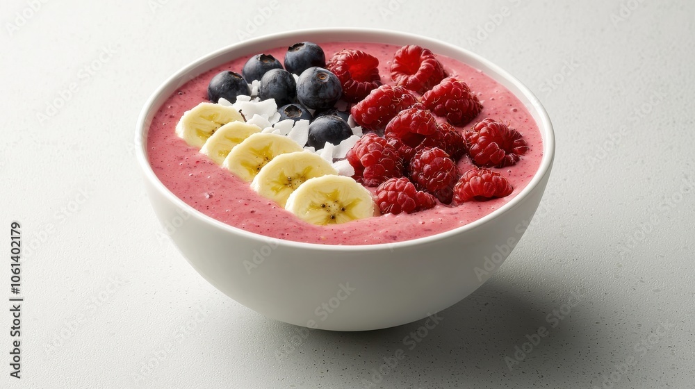 Vibrant smoothie bowl topped with berries, bananas, and coconut flakes, arranged to show a nutritious plant-based breakfast in natural light. Vibrant smoothie bowl topped with berries, bananas, and coconut flakes, arranged to show a nutritious plant-based breakfast in natural light.