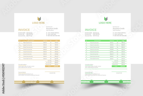 Creative, modern, unique, clean, and professional corporate company business letterhead and invoice template design with color and concept variation bundle.Modern business invoice bill template.