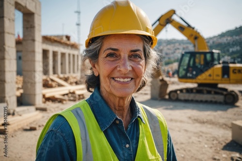 Close portrait of a smiling senior Greek woman construction worker looking at the camera, Greek outdoors construction site blurred background