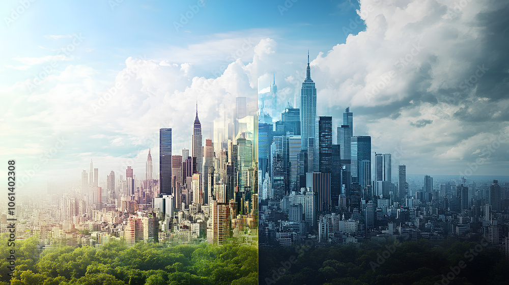 custom made wallpaper toronto digitalA split-image showcasing a vibrant city on one side and a dystopian urban landscape on the other, symbolizing contrasting futures of nature and urbanization.
