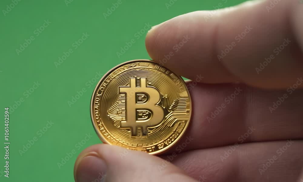 Hand Businessman Holding One Gold Bitcoin Coin on Isolated green screen Background Hand Businessman Holding One Gold Bitcoin Coin on Isolated green screen Background