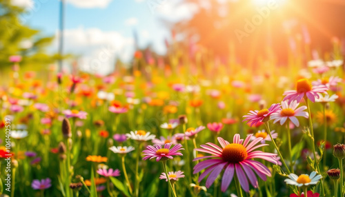 A field of white daisies and yellow blooms stretches towards a clear blue sky