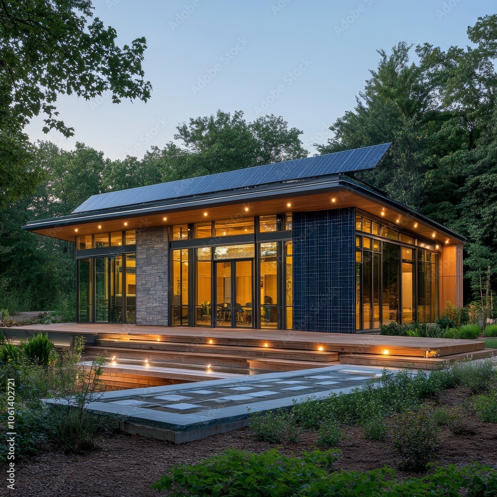 Fototapeta premium Modern Sustainable Home with Solar Panels and Deck Lighting