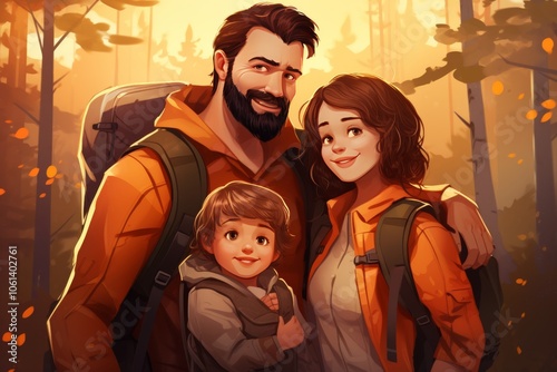 Happy Family of Three Hiking in the Mountains, Parents and Young Child on a Backpacking Trip