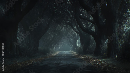 A forgotten road with ancient trees arching overhead, creating a tunnel of darkness.