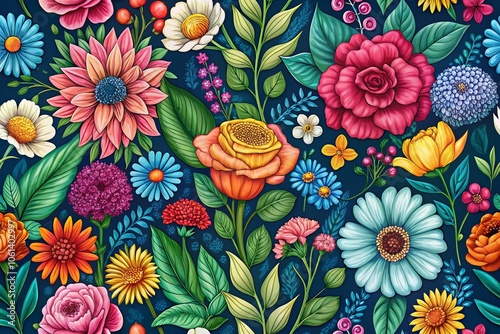 Floral Hand Drawn Seamless Pattern with Flowers, Vivid Colors, Nature-Inspired Design, Artistic Background, Home Decor, Fabric Print, Vintage Style, Elegant Illustration, Botanical Elements, 