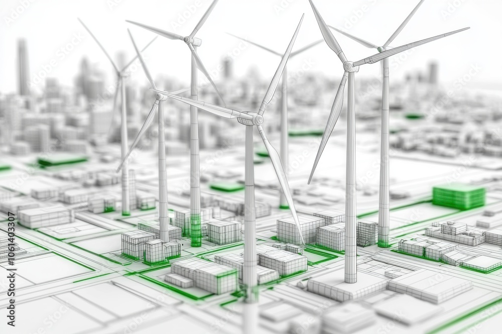 A digital representation of a sustainable city featuring wind turbines and green buildings, emphasizing renewable energy and urban planning. A digital representation of a sustainable city featuring wind turbines and green buildings, emphasizing renewable energy and urban planning.