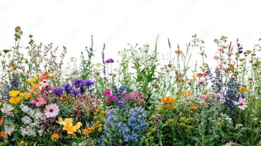 Fototapeta premium Assorted flower garden with a mix of wildflowers isolated against white background