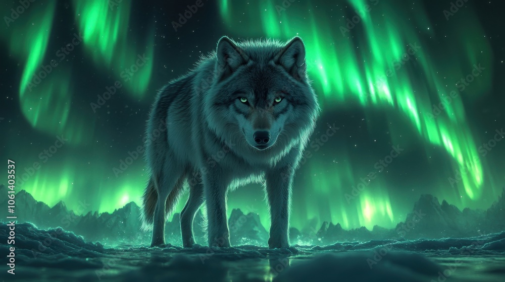 Wolf standing in front of a green aurora bore Wolf standing in front of a green aurora bore