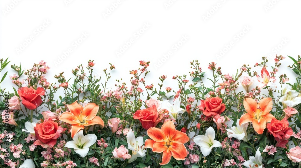 Fototapeta premium Beautiful flower garden filled with roses and lilies, isolated on white