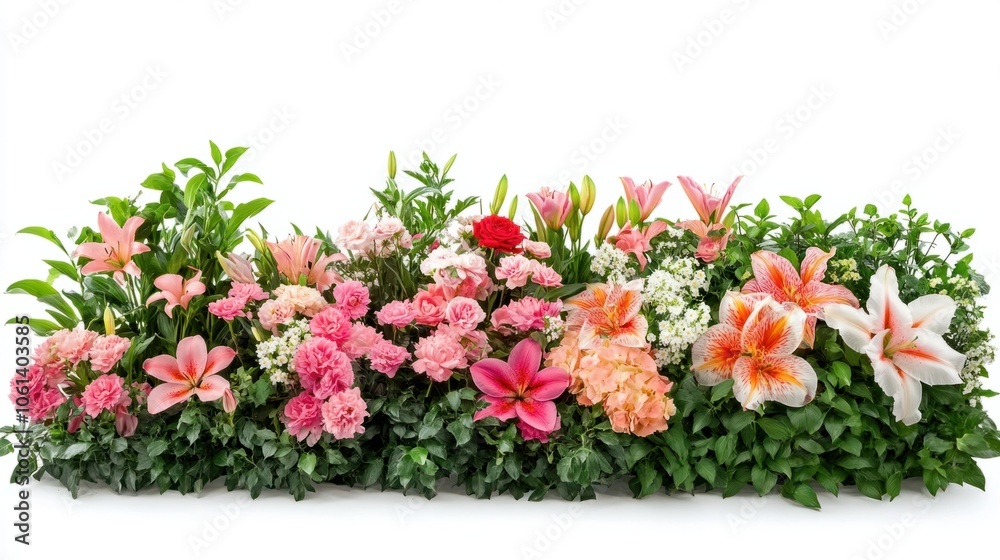 Fototapeta premium Beautiful flower garden filled with roses and lilies, isolated on white