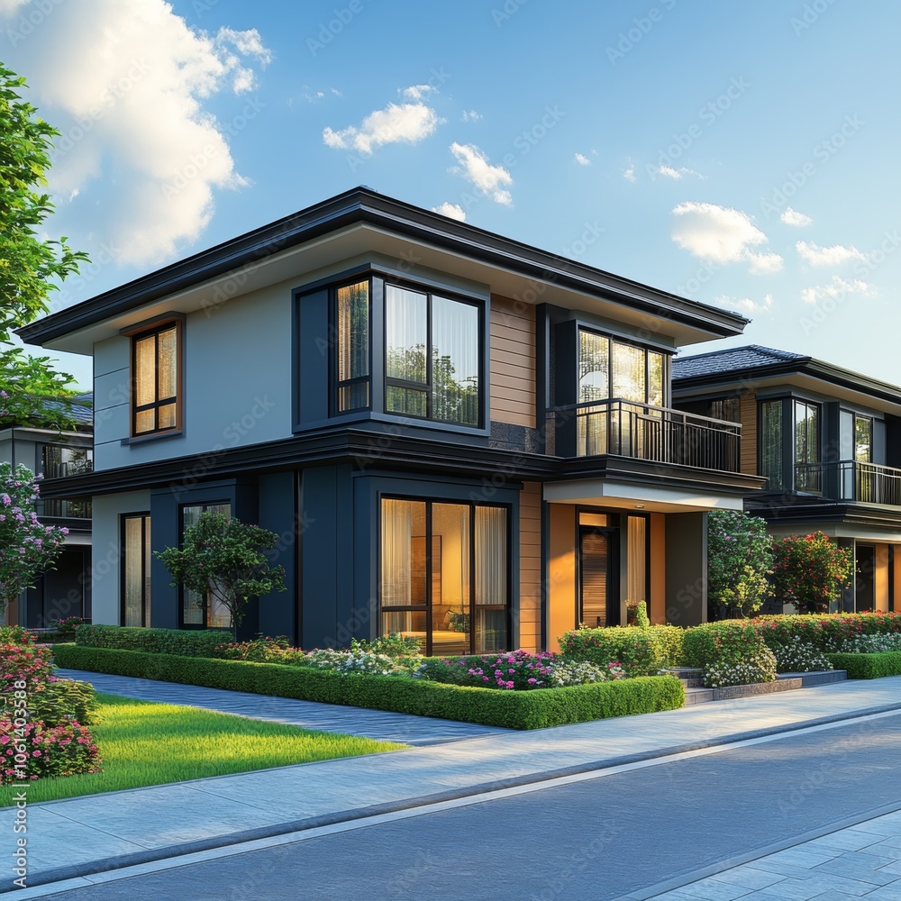 Fototapeta premium Modern Suburban House with Front Yard and Landscaping