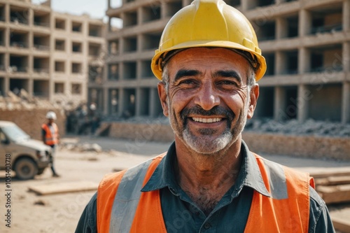 Wallpaper Mural Close portrait of a smiling senior Iraqi man construction worker looking at the camera, Iraqi outdoors construction site blurred background Torontodigital.ca