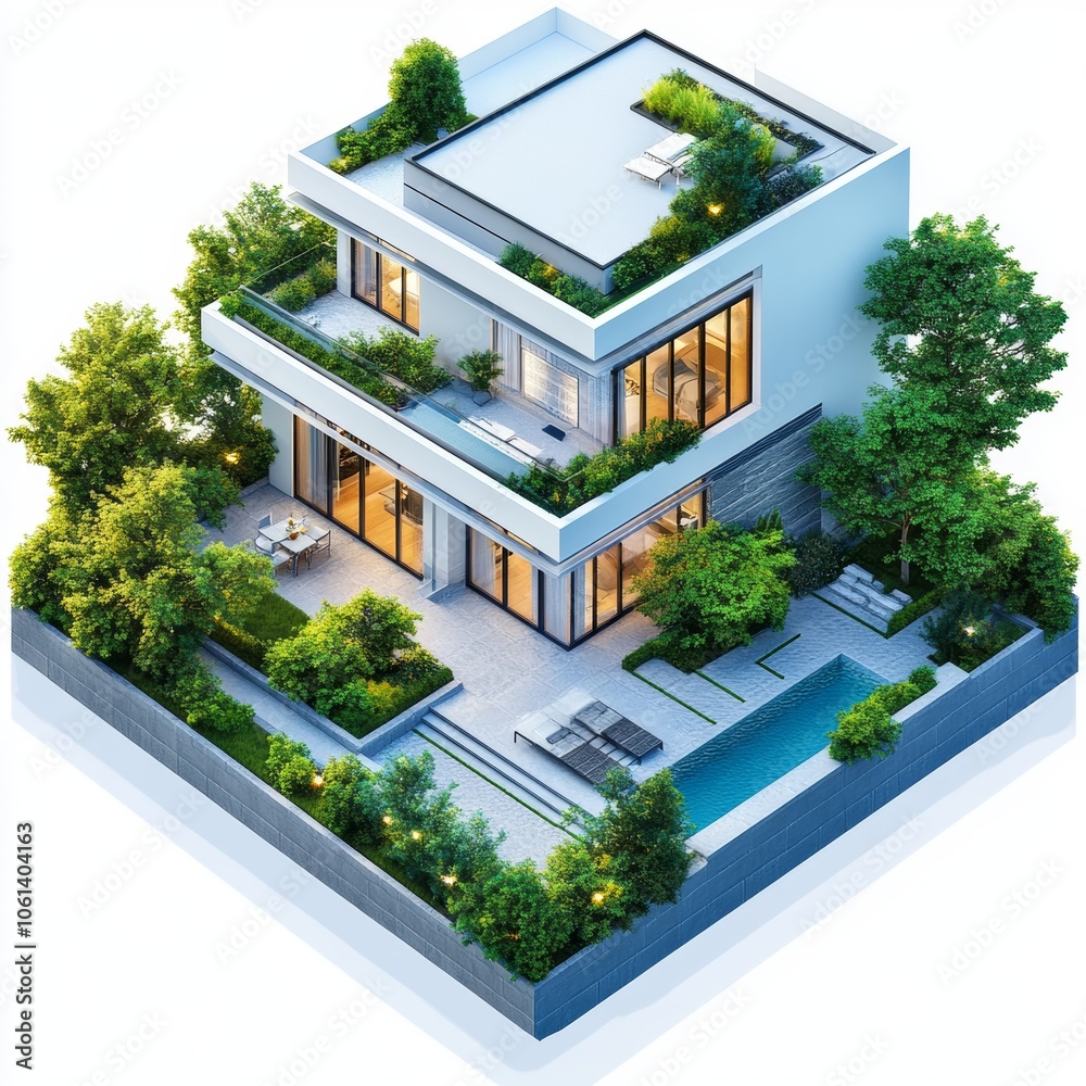 Fototapeta premium Modern Luxury Home with Pool Patio and Lush Garden