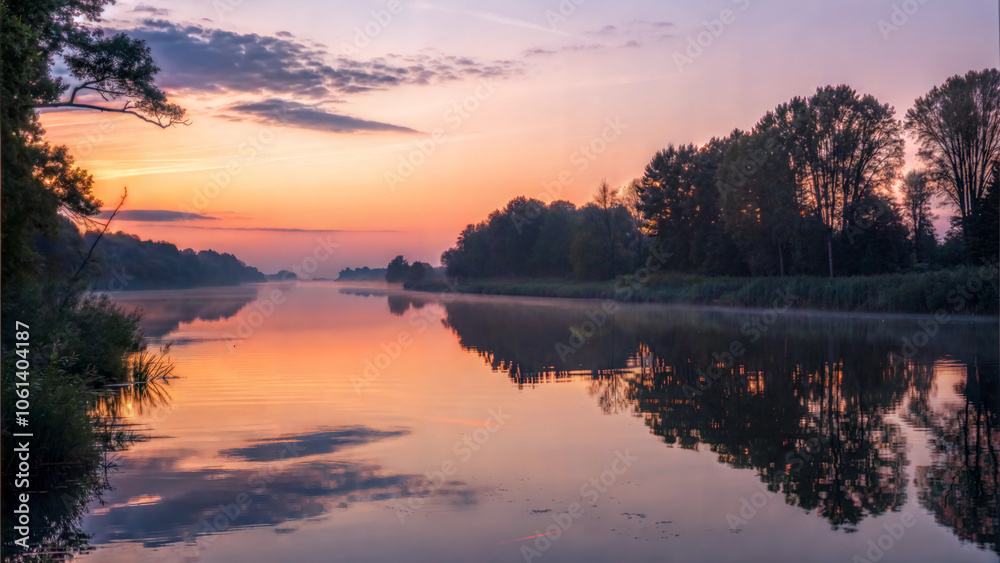 Serene river at sunset, mirrored reflections of trees and sky Serene river at sunset, mirrored reflections of trees and sky
