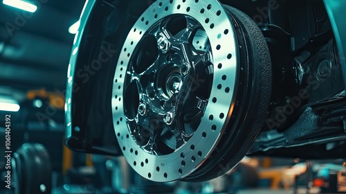 Close-up of a Silver Brake Rotor and Black Wheel Rim on a Vehicle photo