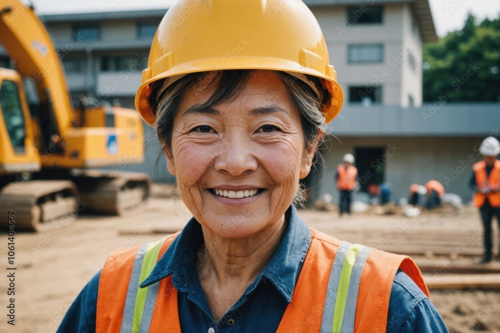 Close portrait of a smiling senior Japanese woman construction worker looking at the camera, Japanese outdoors construction site blurred background Close portrait of a smiling senior Japanese woman construction worker looking at the camera, Japanese outdoors construction site blurred background