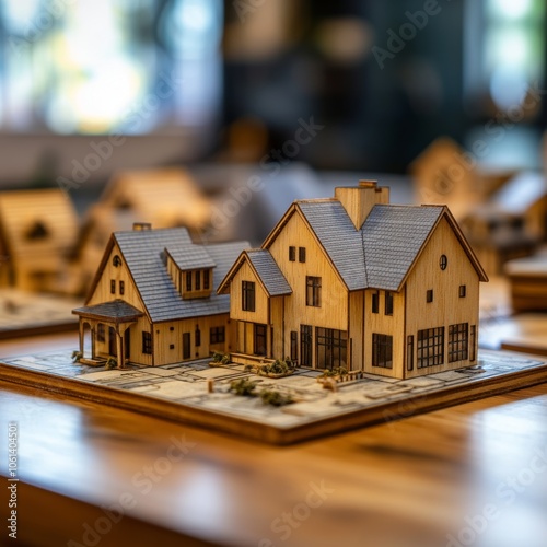 Wooden Model Homes on Display Table   Real Estate Development  Architecture  Design  Const photo