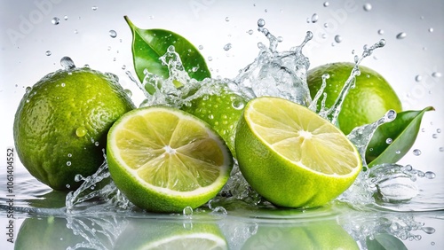 Fresh Juicy Limes Splashing Water on White Background – Vibrant Citrus Fruit, Refreshing, Healthy Lifestyle, Summer Drink, Natural Ingredients, Culinary Delight, Zesty Flavor, High-Quality Imagery