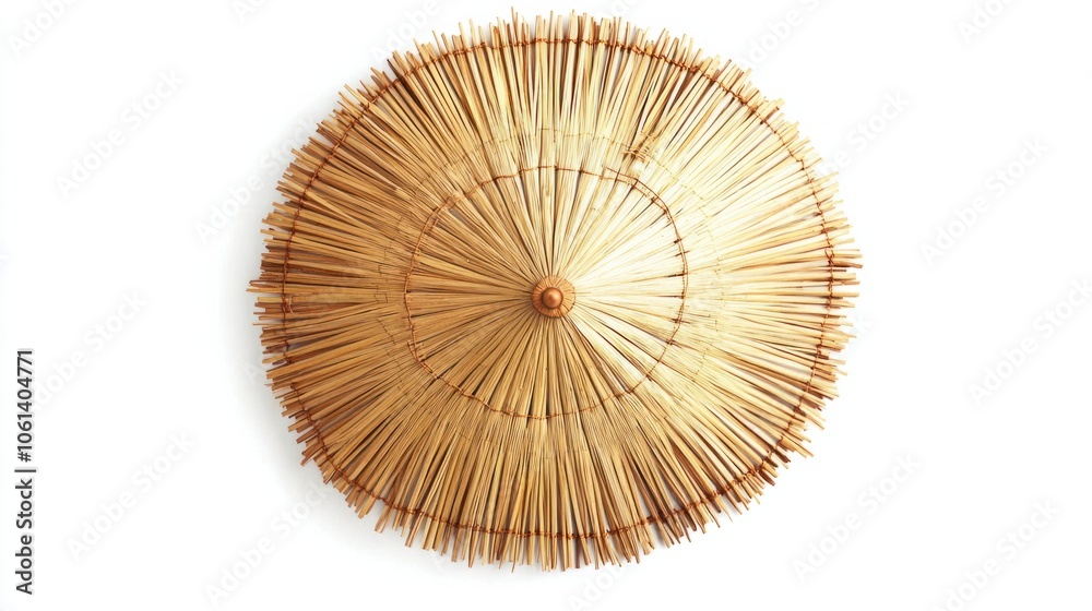 Classic straw umbrella viewed from above, isolated on white background Classic straw umbrella viewed from above, isolated on white background