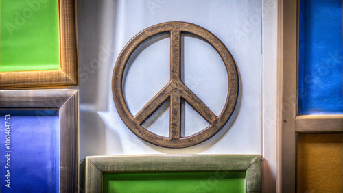 Peace symbol displayed, artistic design, against a colorful backdrop photo