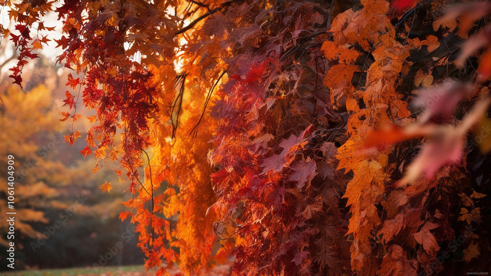 Amidst the vibrant cascade of autumn leaves, with warm golden light filtering through the dense foliage, nature's beauty shines in rich hues of burnt orange, amber, and crimson, evoking a sense of coz