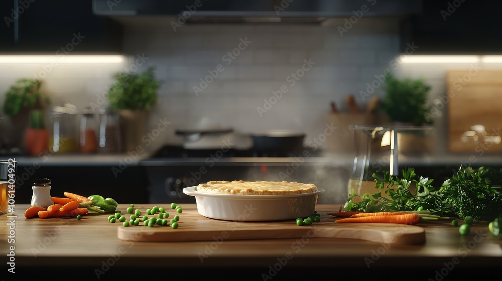 Hearty homemade chicken pot pie with golden, flaky crust, fresh out of the oven, surrounded by ingredients like carrots and peas, capturing a cozy dinner scene. Hearty homemade chicken pot pie with golden, flaky crust, fresh out of the oven, surrounded by ingredients like carrots and peas, capturing a cozy dinner scene.