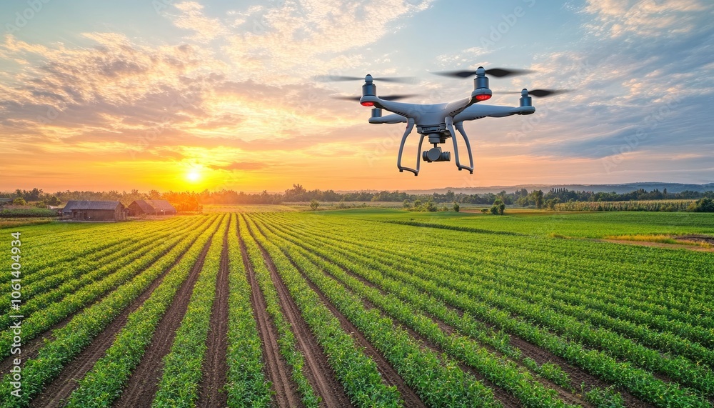 Drone flying over a field at sunset. Drone flying over a field at sunset.