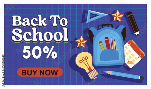Discount offers for school supplies. Backpack and school supplies on a blue background. Back To School concept. Flat vector illustration.