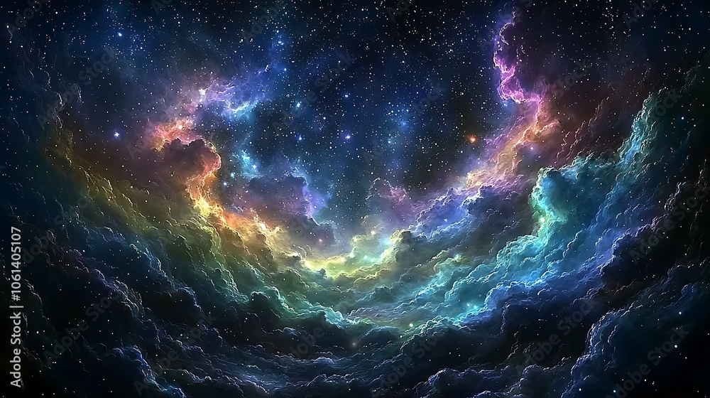 A vibrant nebula of swirling clouds and twinkling stars fill the night sky. A vibrant nebula of swirling clouds and twinkling stars fill the night sky.