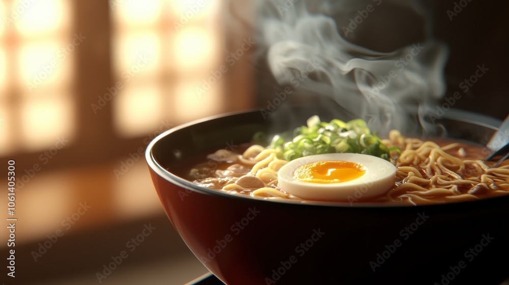 A steamy bowl of ramen with savory broth, noodles, soft-boiled egg, and fresh toppings like green onions and mushrooms, capturing a satisfying, comforting meal. A steamy bowl of ramen with savory broth, noodles, soft-boiled egg, and fresh toppings like green onions and mushrooms, capturing a satisfying, comforting meal.