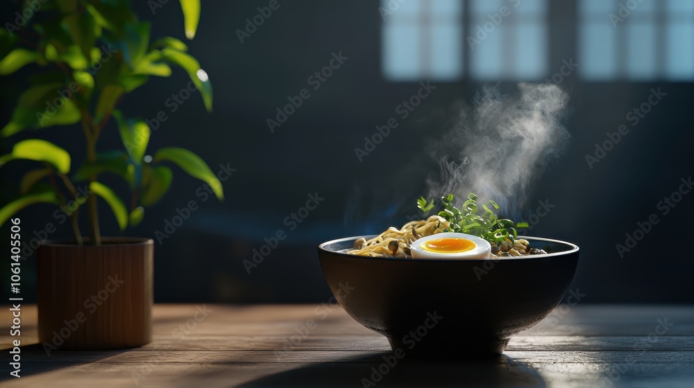 A steamy bowl of ramen with savory broth, noodles, soft-boiled egg, and fresh toppings like green onions and mushrooms, capturing a satisfying, comforting meal. A steamy bowl of ramen with savory broth, noodles, soft-boiled egg, and fresh toppings like green onions and mushrooms, capturing a satisfying, comforting meal.