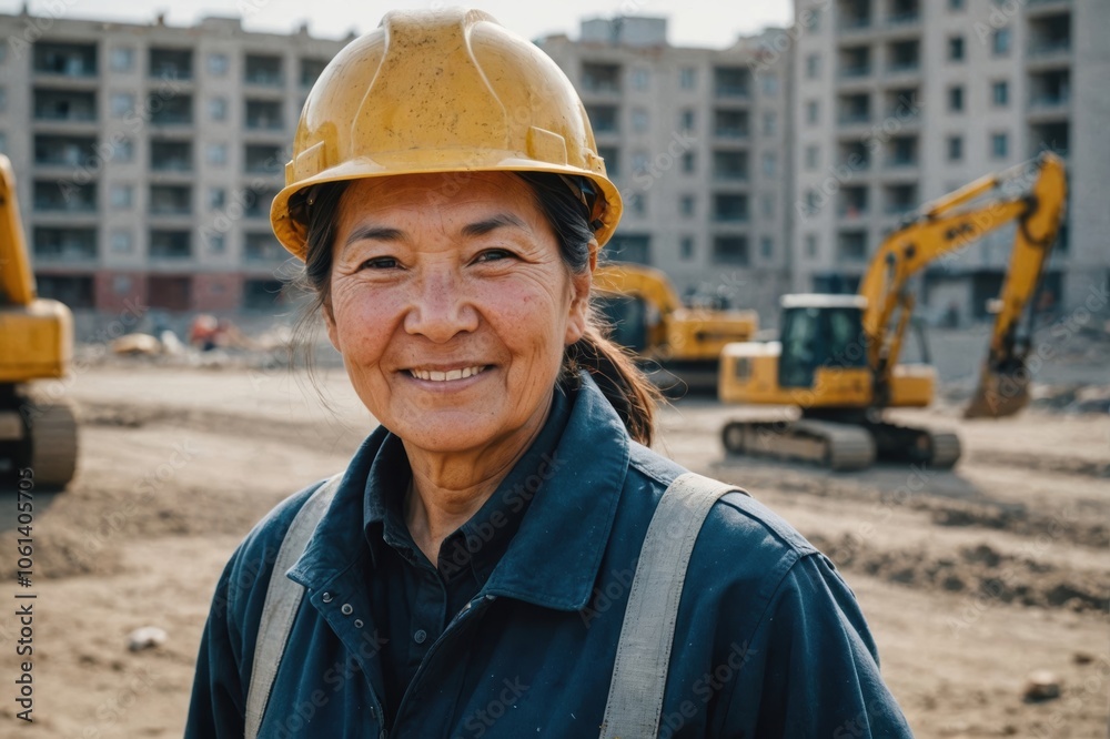 Close portrait of a smiling senior Kyrgyz woman construction worker looking at the camera, Kyrgyz outdoors construction site blurred background Close portrait of a smiling senior Kyrgyz woman construction worker looking at the camera, Kyrgyz outdoors construction site blurred background
