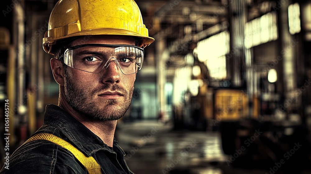 Warehouse Hero: A Construction Worker in a Yellow Hard Hat and Safety Glasses - Perfect Poster for Inspiring Workspaces and Industrial Interiors