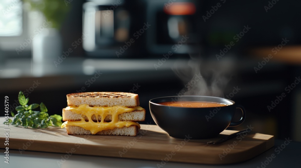 Classic grilled cheese sandwich with melted cheddar oozing out, served alongside a bowl of tomato soup in a rustic kitchen setting, highlighting nostalgic comfort. 
