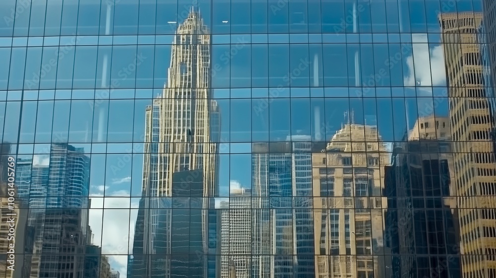 Fototapeta premium Modern office buildings reflect off each other's glass facades creating an intriguing visual effect that showcases urban architecture, the beauty of contemporary design in a bustling city environment.