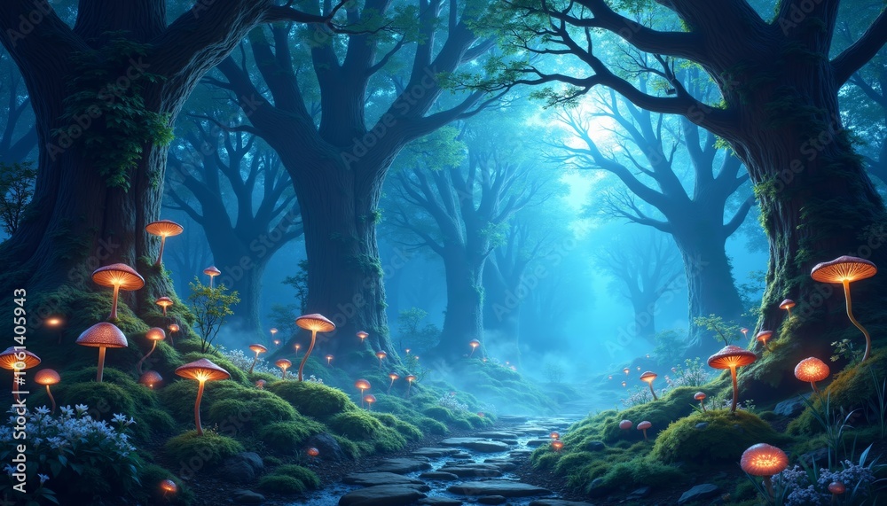 Enchanted Forest with Bioluminescent Flora and Magical Elements Enchanted Forest with Bioluminescent Flora and Magical Elements