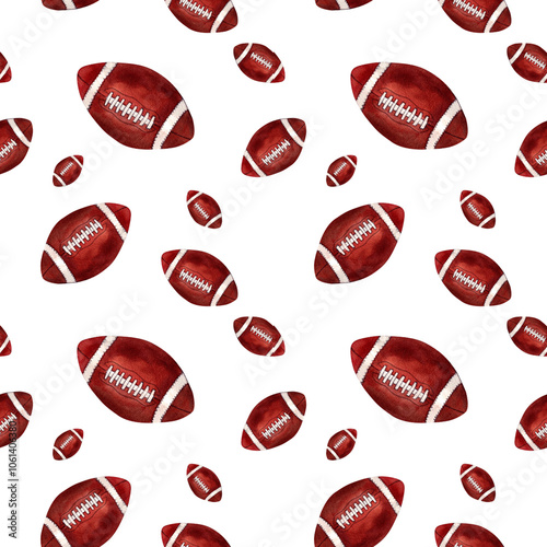Small and large American footballs alternately., hand-drawn watercolor seamless pattern