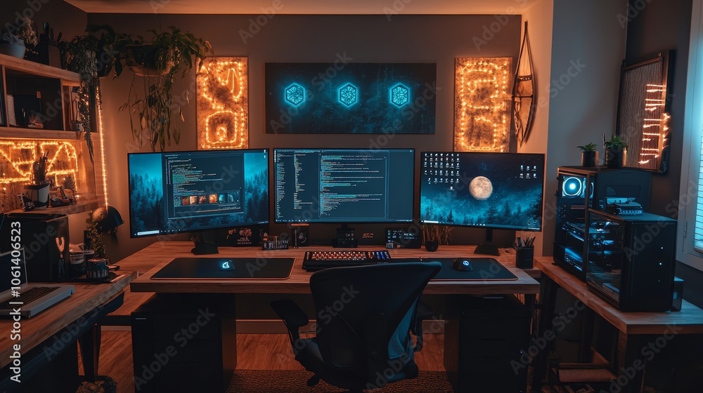 Modern workspace with dual monitors and ambient lighting for productivity Modern workspace with dual monitors and ambient lighting for productivity